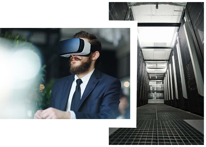 A man in a suit and tie is immersed in a virtual reality experience, wearing a VR headset.