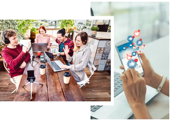 Collage of diverse individuals engaged in digital marketing, working on laptops and phones in a collaborative environment