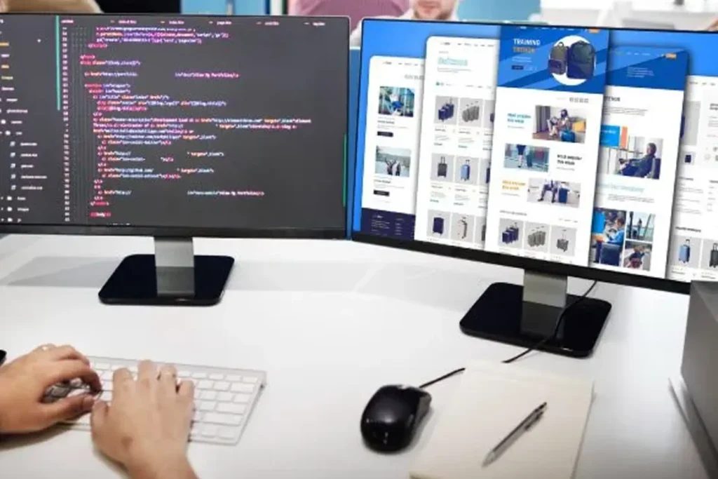 Focused on a blue screen, working on an ecommerce project