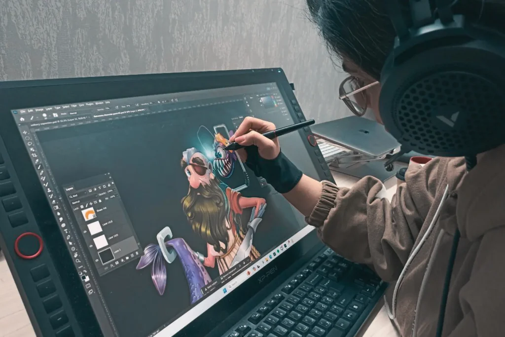 In a vibrant 2D animation, a woman wearing headphones focuses on her computer screen while working