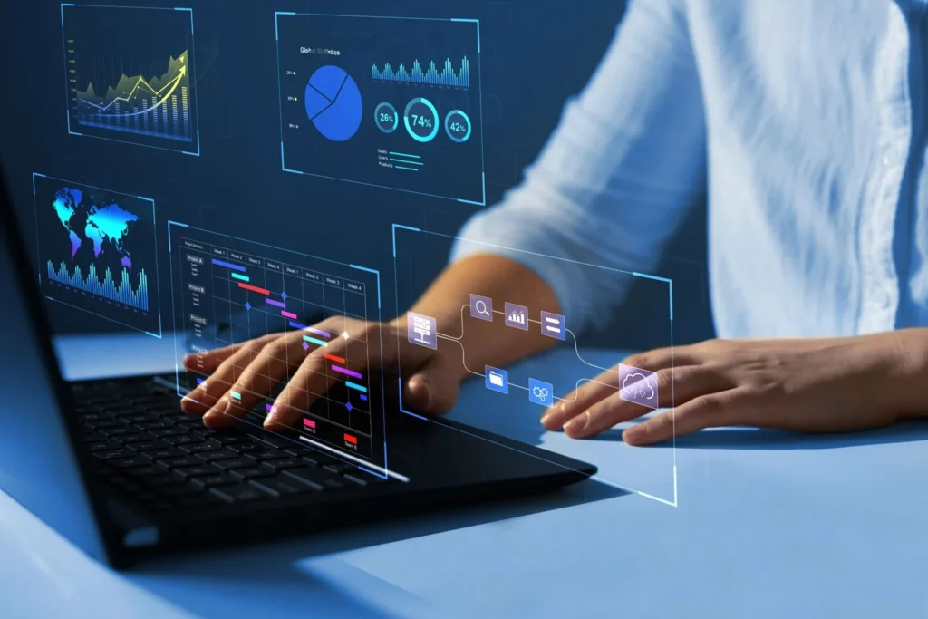 Person typing on a laptop, with data displayed on the screen, promoting hiring top IT talent on demand