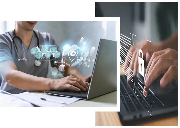 Man focused on a laptop and a doctor examining data on a tablet, showcasing technology in professional settings