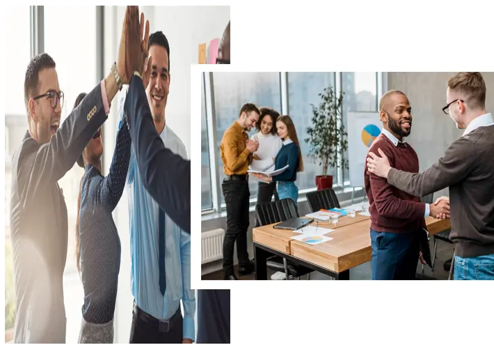 One shows a man and woman in a meeting, the other features a group collaborating in an office setting