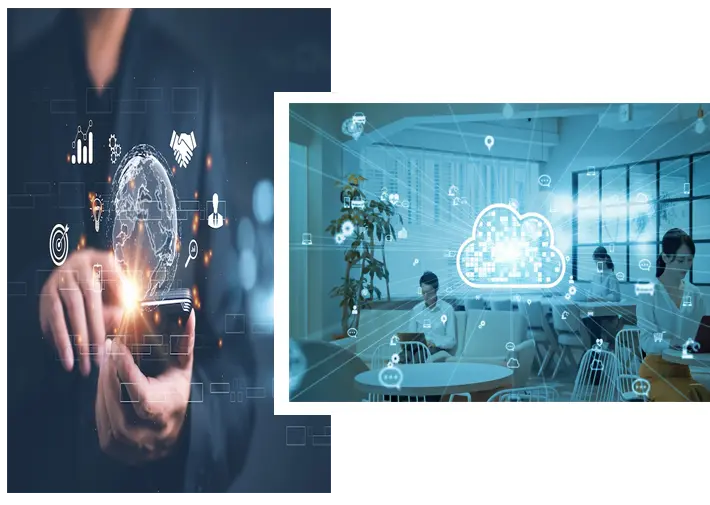 Show people using their phones, with a cloud symbolizing connectivity above them