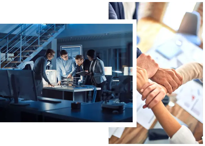 Two images of colleagues collaborating in an office setting, engaged in discussion and working on a project together