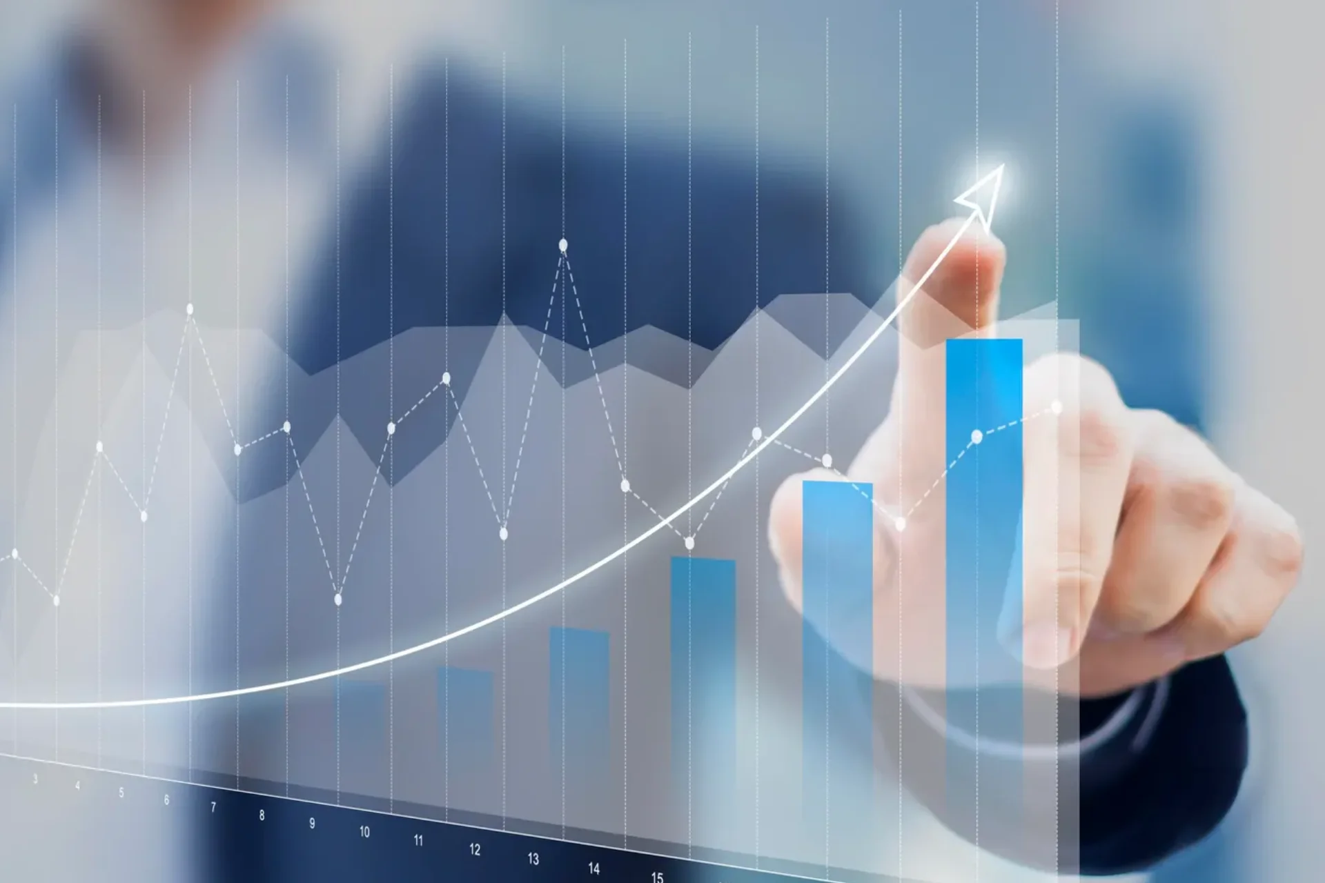 Businessman pointing at a graph illustrating sustainable marketing strategy growth trends on a chart