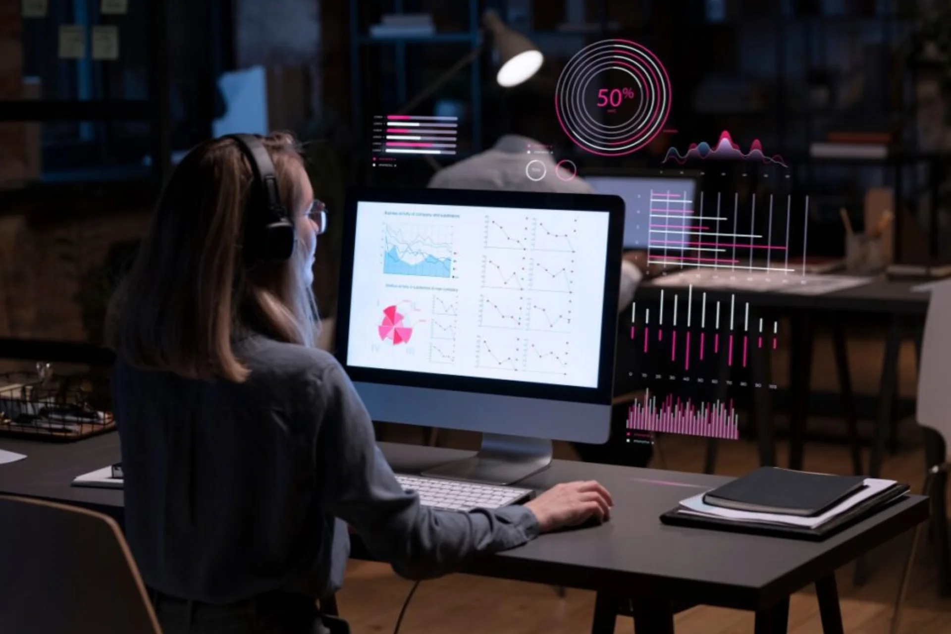 Woman works on a computer displaying graphs and charts, highlighting web marketing's role in modern business success