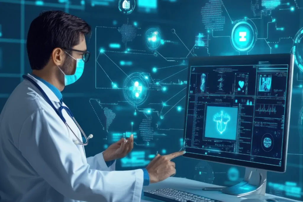 A masked doctor with a face shield works intently on a computer, highlighting advanced technologies in healthcare