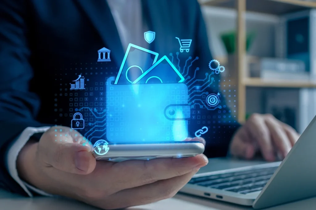 Businessman holding a laptop with a digital lock, surrounded by security icons, representing payments and wallet solutions