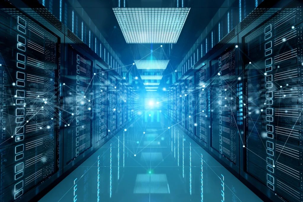 Corridor lined with numerous servers and bright lights, showcasing a Content Delivery Network setup