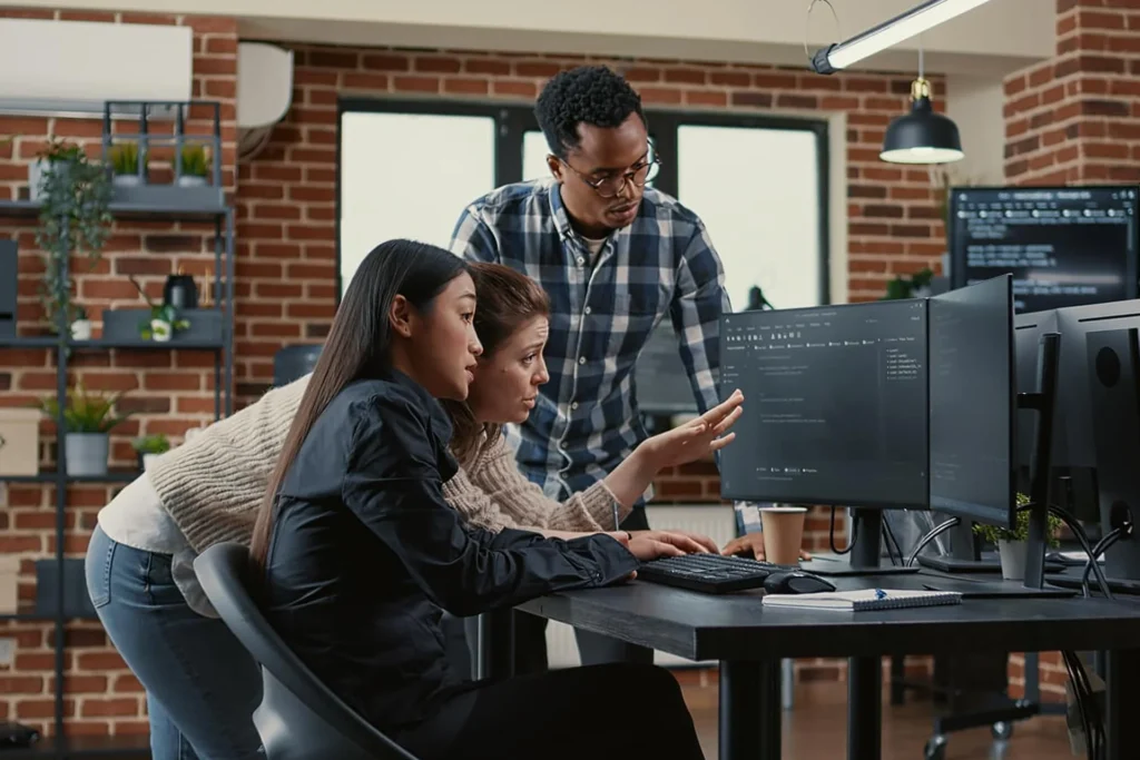 Development Team professionals working together at a computer in an office, engaged in a development task