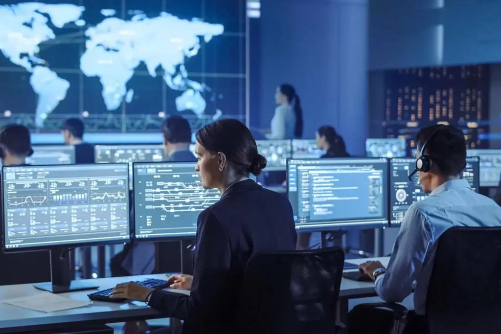 Group of professionals engaged in tasks within a data center, highlighting their work in managed IT services