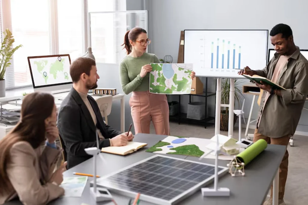 Group of professionals in an office discussing sustainability, with a map of compliance solutions displayed on the wall