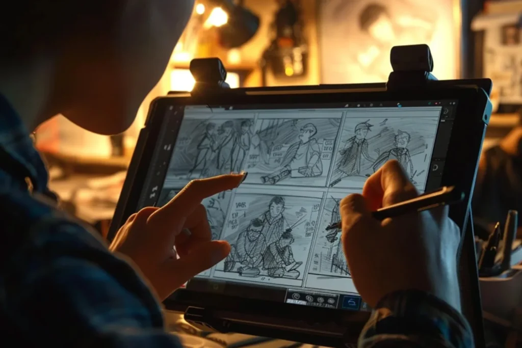 Individual sketching on a tablet, engaged in the process of storyboarding and scripting for a project