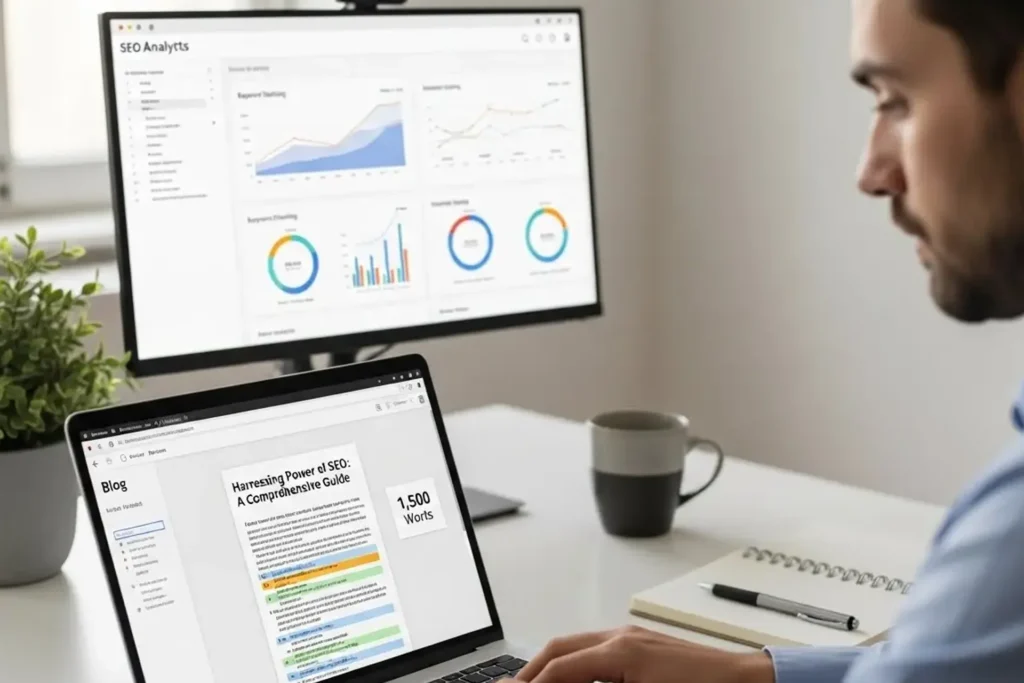 Man engaged with a laptop and desktop, examining graphs related to SEO and PPC metrics