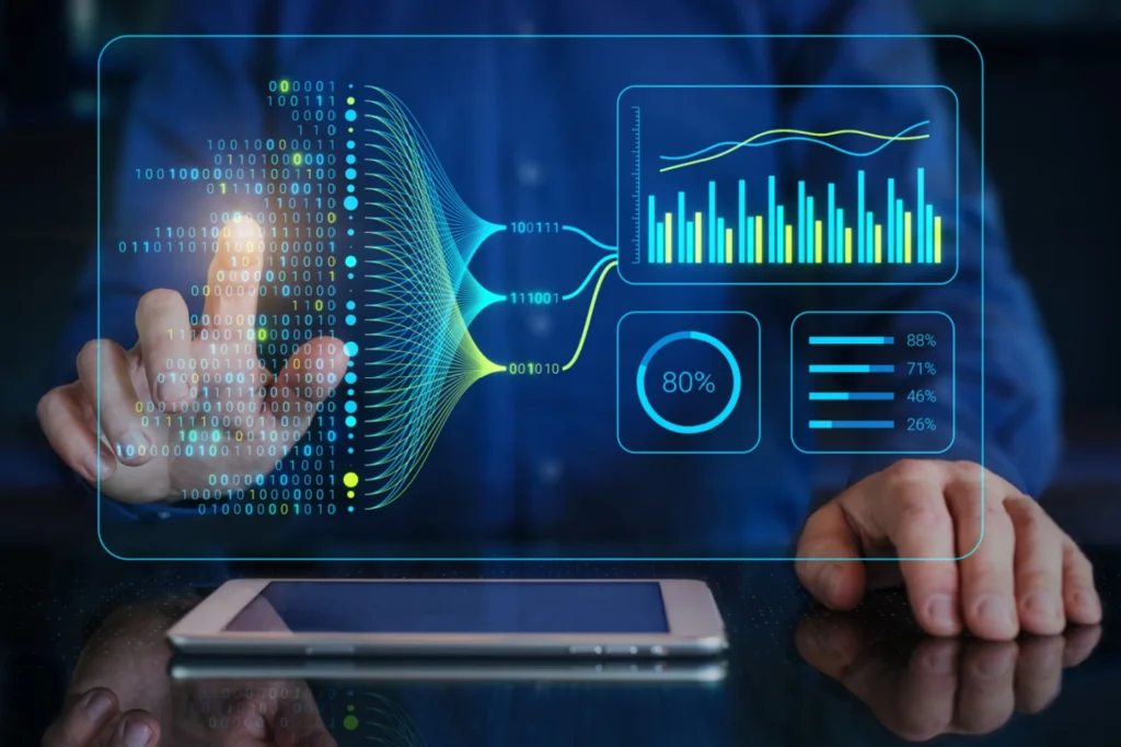Man using a tablet displaying data visualizations related to AI and data analytics in the automotive sector