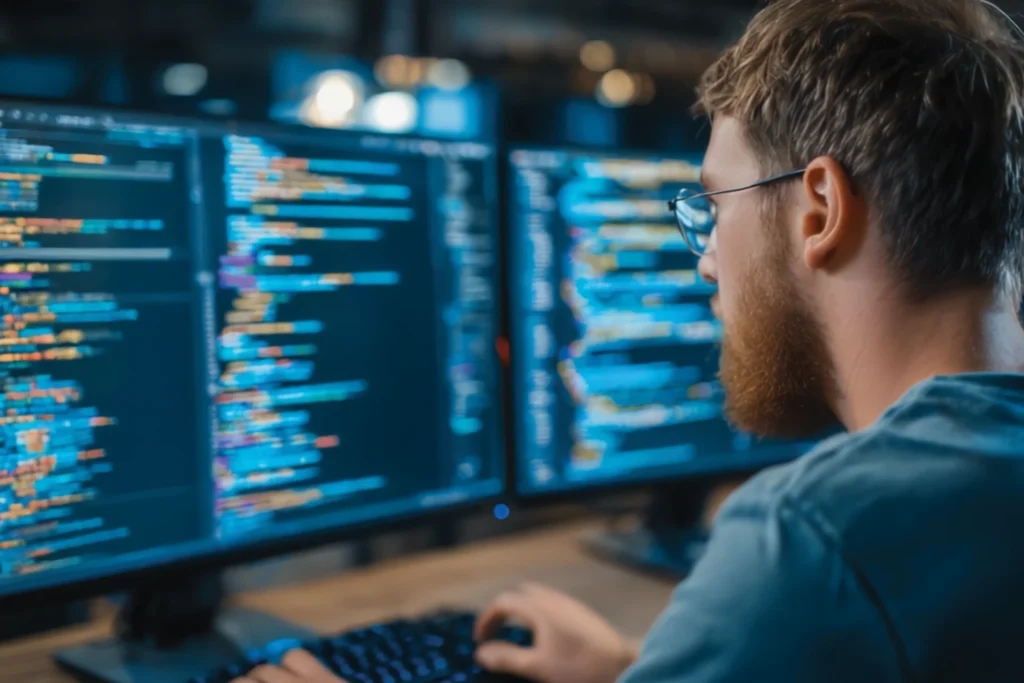 Man wearing glasses focuses on a computer, engaged in development technology work