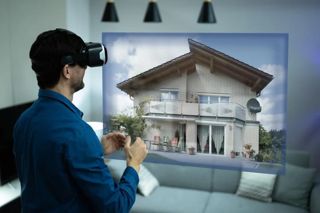 Man wearing virtual reality glasses, engaged in an immersive experience while viewing a house