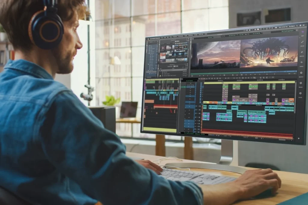 Man with headphones is engaged in work on a computer screen, creating videos tailored for web, social, and broadcast use