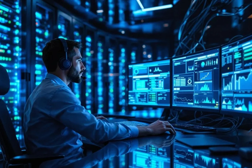 Man working at a desk surrounded by several monitors, engaged in cloud infrastructure management