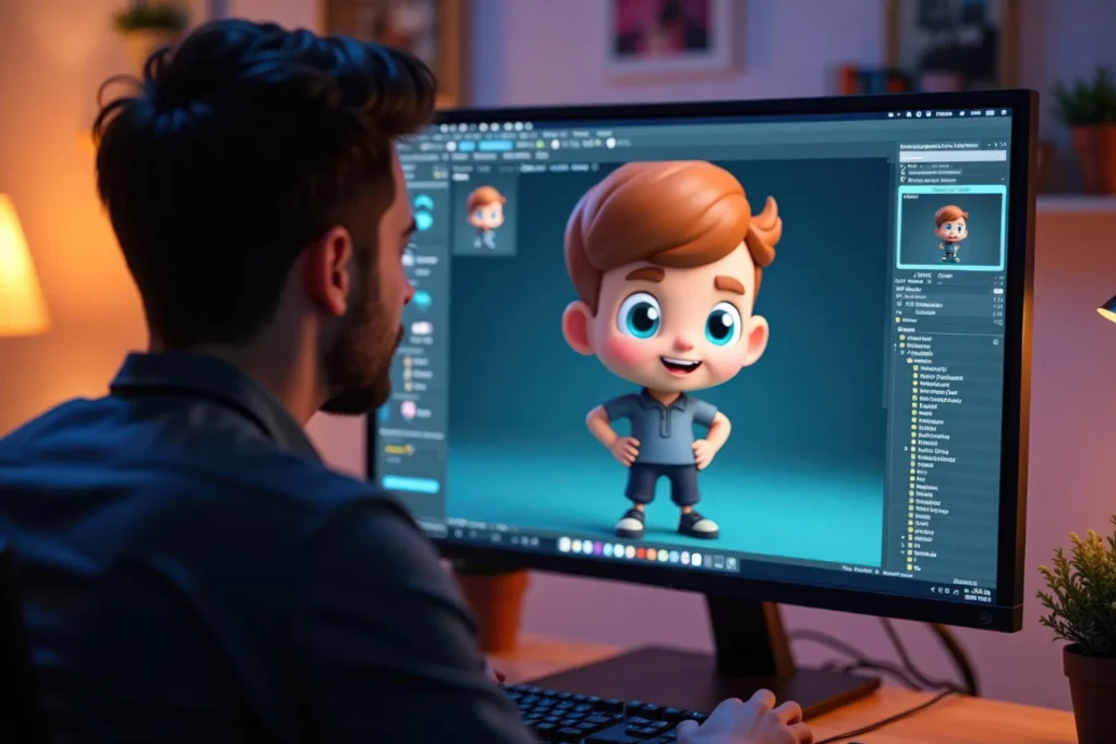 Man works on a computer displaying a colorful cartoon character, focused on character animation