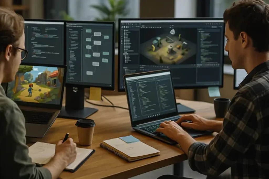 Men engage in game design, using a computer and three monitors to create custom 2D and 3D graphics