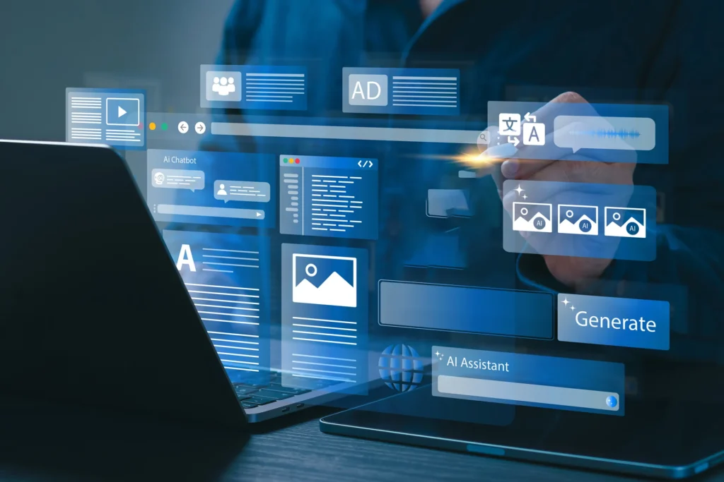 Person using a laptop, viewing a web page about automated content creation and curation