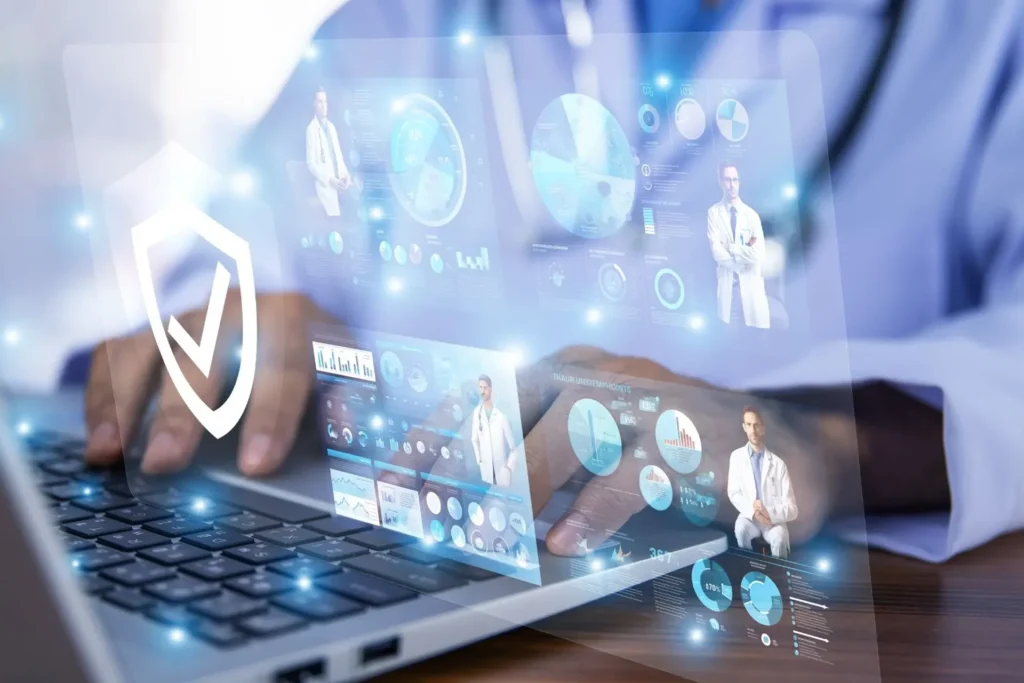 Physician reviews a medical image displayed on a laptop, emphasizing the role of EHR in patient data management