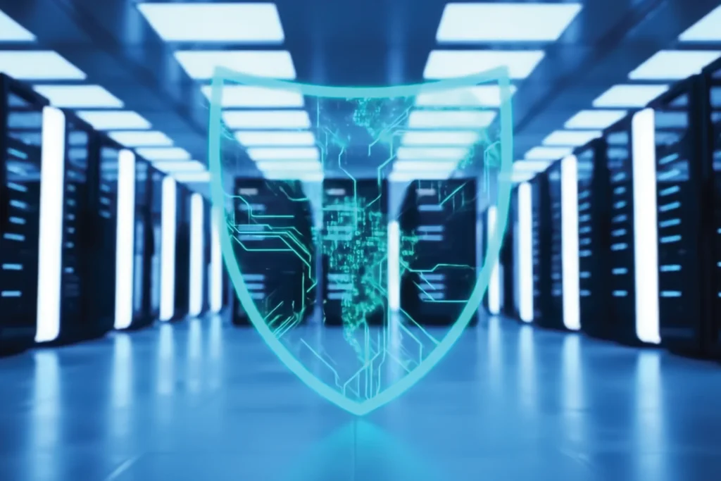 Shield with a green light in a data center, symbolizing security hosting and data protection