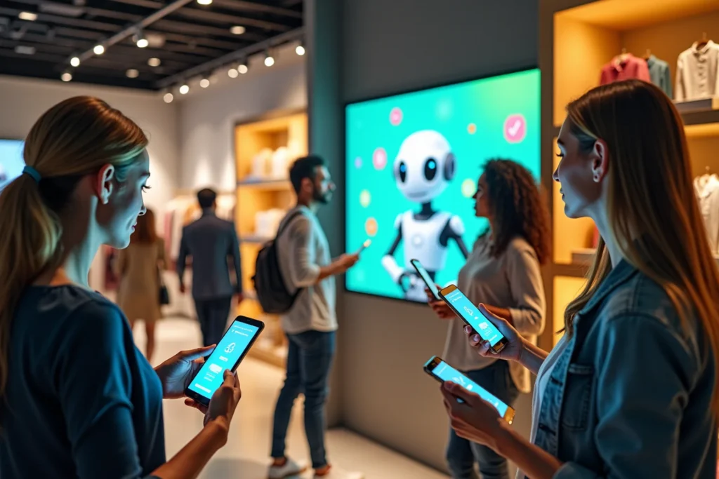 Shoppers observe a robot display in a retail store, highlighting innovative technology for customer engagement