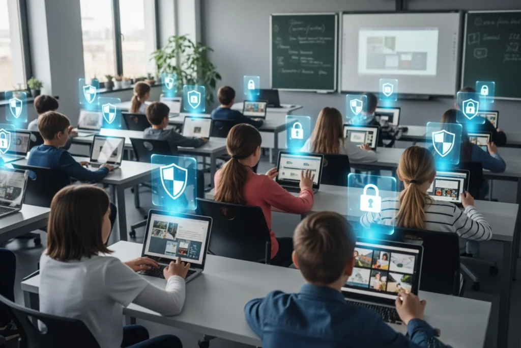 Students in a classroom using laptops, actively participating in a lesson on security and compliance in education IT