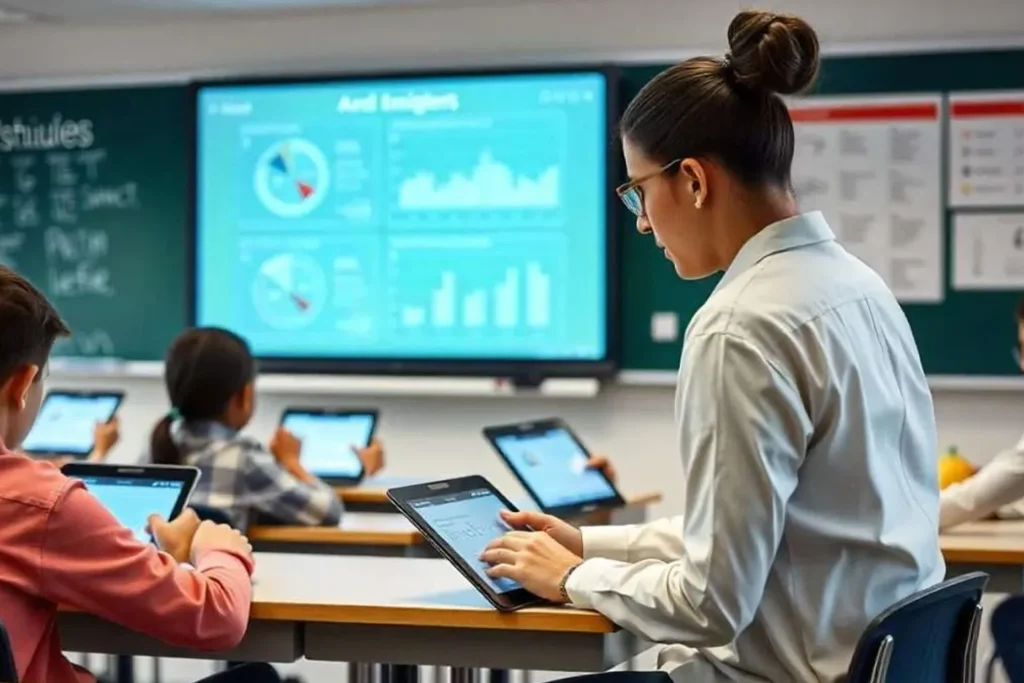 Teacher utilizes a tablet in a classroom setting to facilitate AI-powered customized learning for students