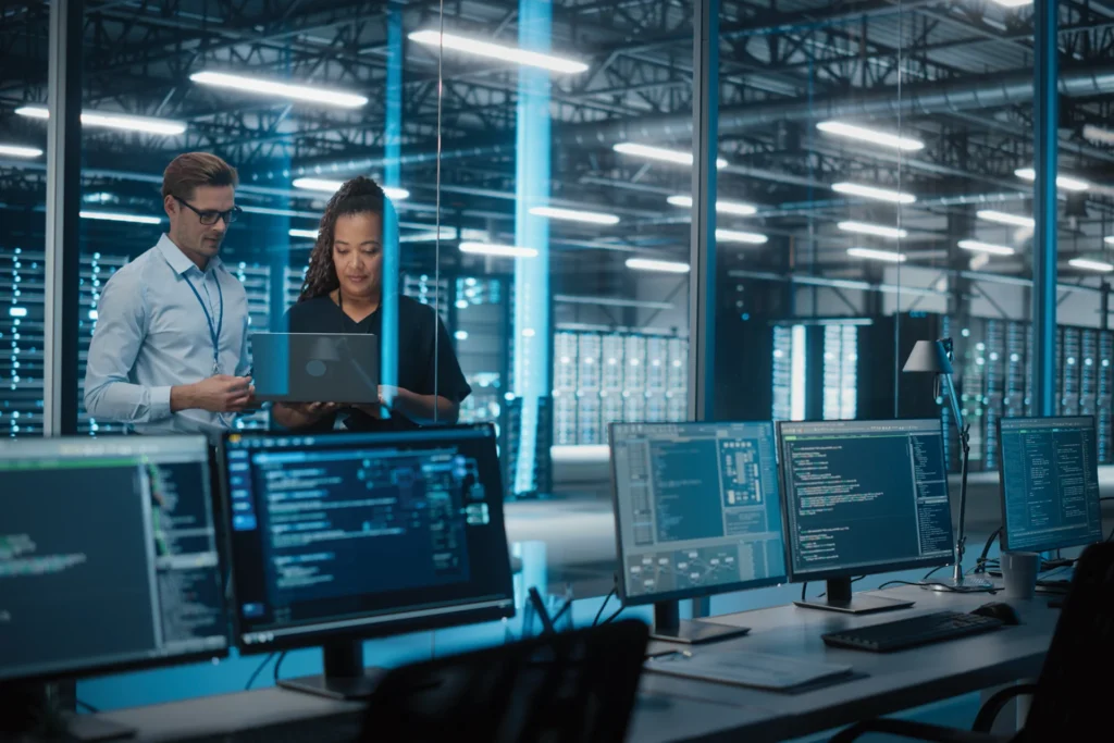 Two individuals in a data center focused on computer screens, surrounded by IT infrastructure and server equipment