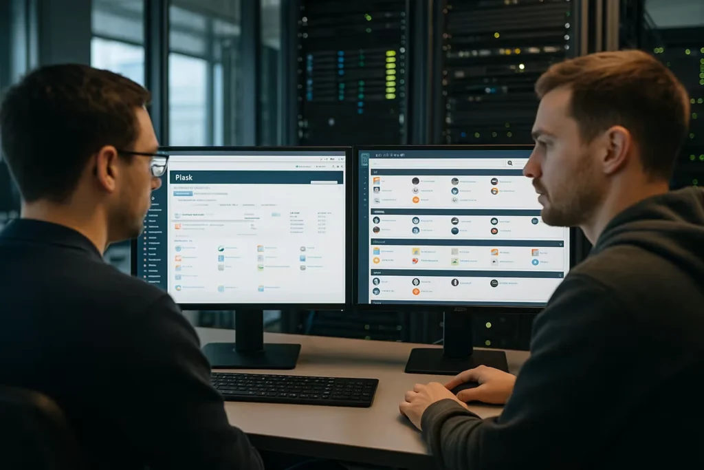 Two men focused on a computer screen, discussing cPanel or Plesk for easy management and scalability