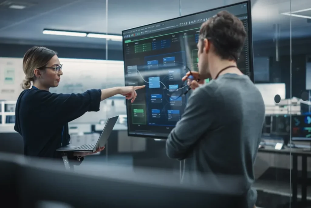 Two professionals analyzing a computer screen together, highlighting automotive IT transformation case studies