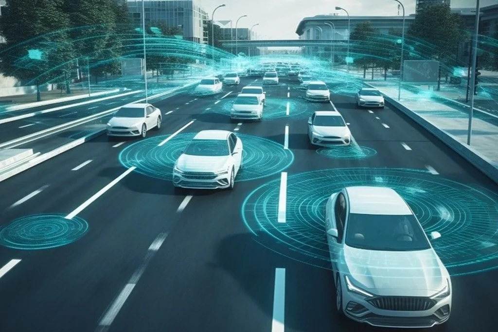 View of cars on a highway utilizing connected technology, highlighting current trends in the automotive industry