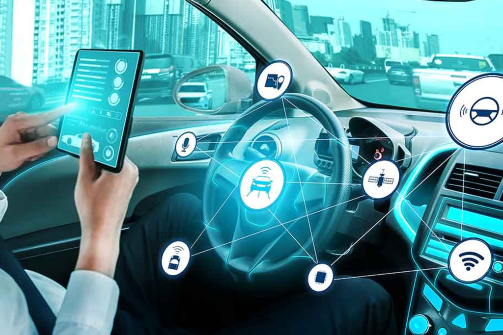 Visual representation of AI-driven mobility, focusing on enhanced connectivity and infotainment systems for users