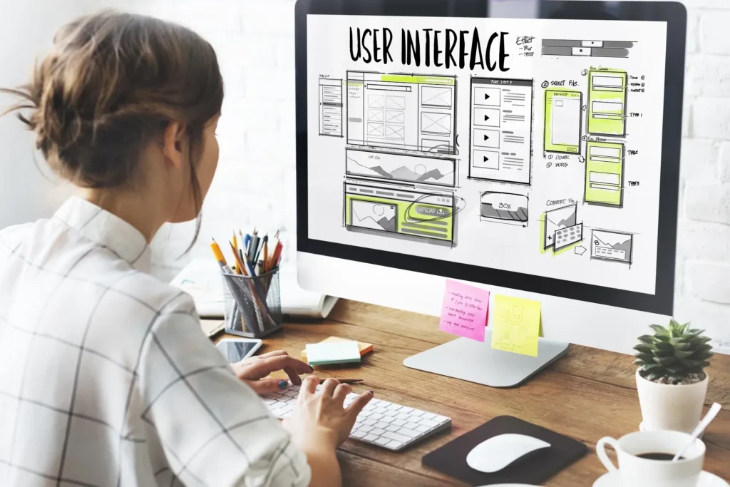 Woman focused on a computer, designing a user interface for a website, showcasing her website design services