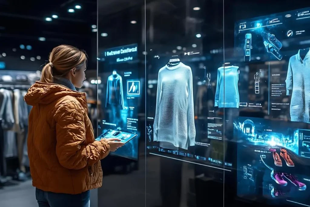 Woman interacts with a digital clothing display, highlighting the role of AI and machine learning in retail