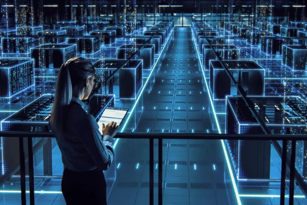 Woman poses in front of a vast data center, representing her role in cloud strategy and advisory solutions