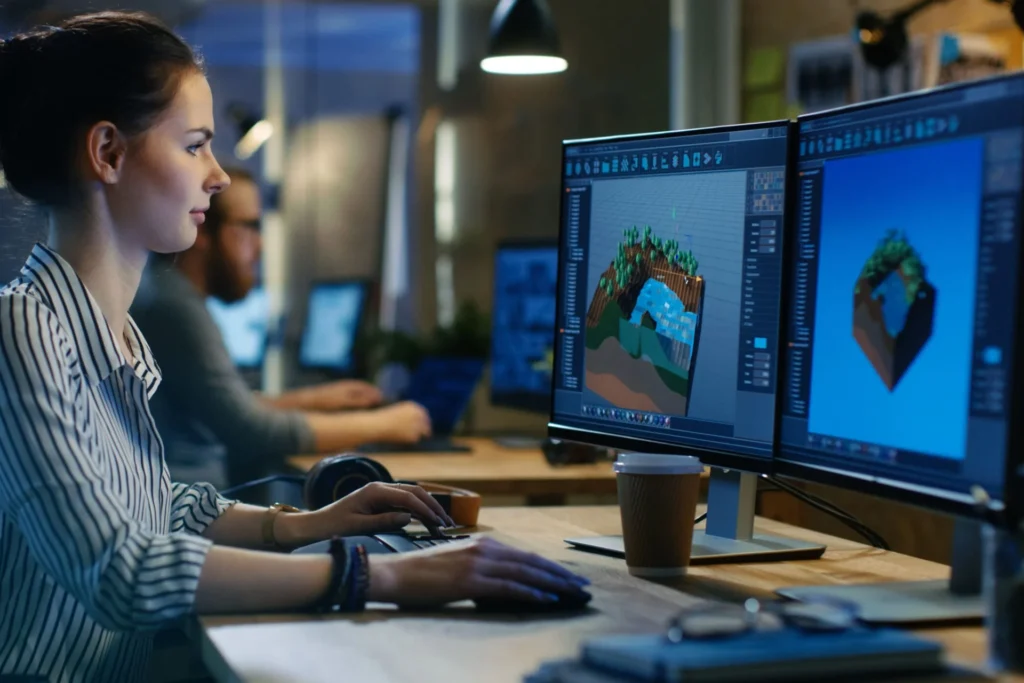 Woman sits at a desk with two monitors, engaged in her work on animation production