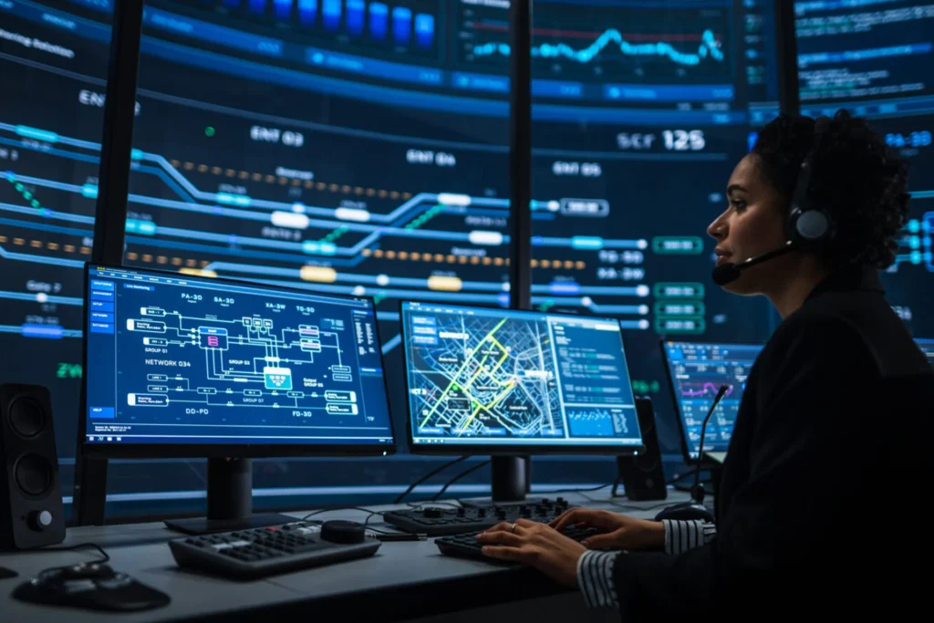 Woman wearing a headset works intently at a computer screen, providing IT service desk support