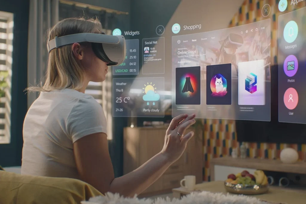 Woman wearing a virtual reality headset, engaged in immersive AR and VR experiences