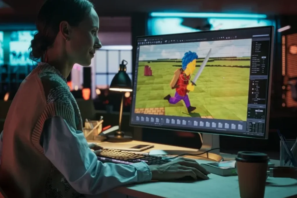 Woman working intently on a computer, with a game visible on the screen, amidst business and promotional animation tools