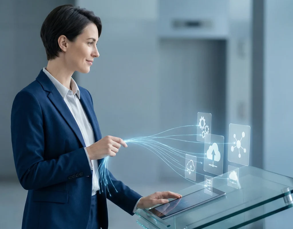 A business-suited woman engages with a tablet, illustrating Unified Patient Communication Channels