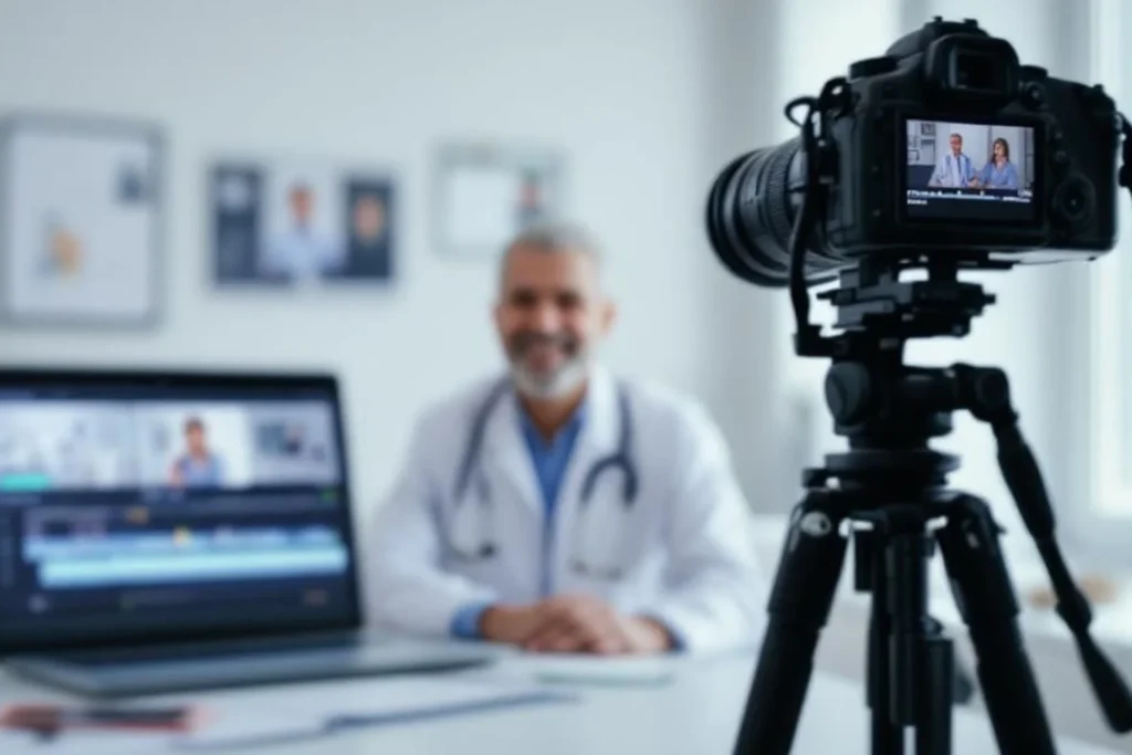 A doctor in front of a laptop and camera, showcasing versatile healthcare video production services