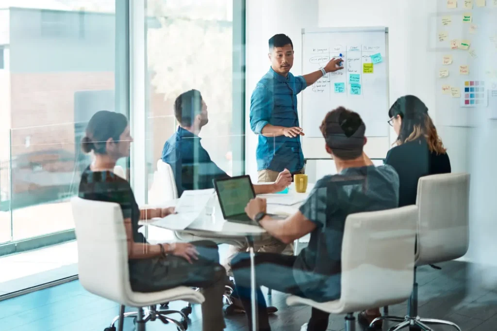 A group of people discussing around a table, with a whiteboard displaying notes on measuring success and ROI