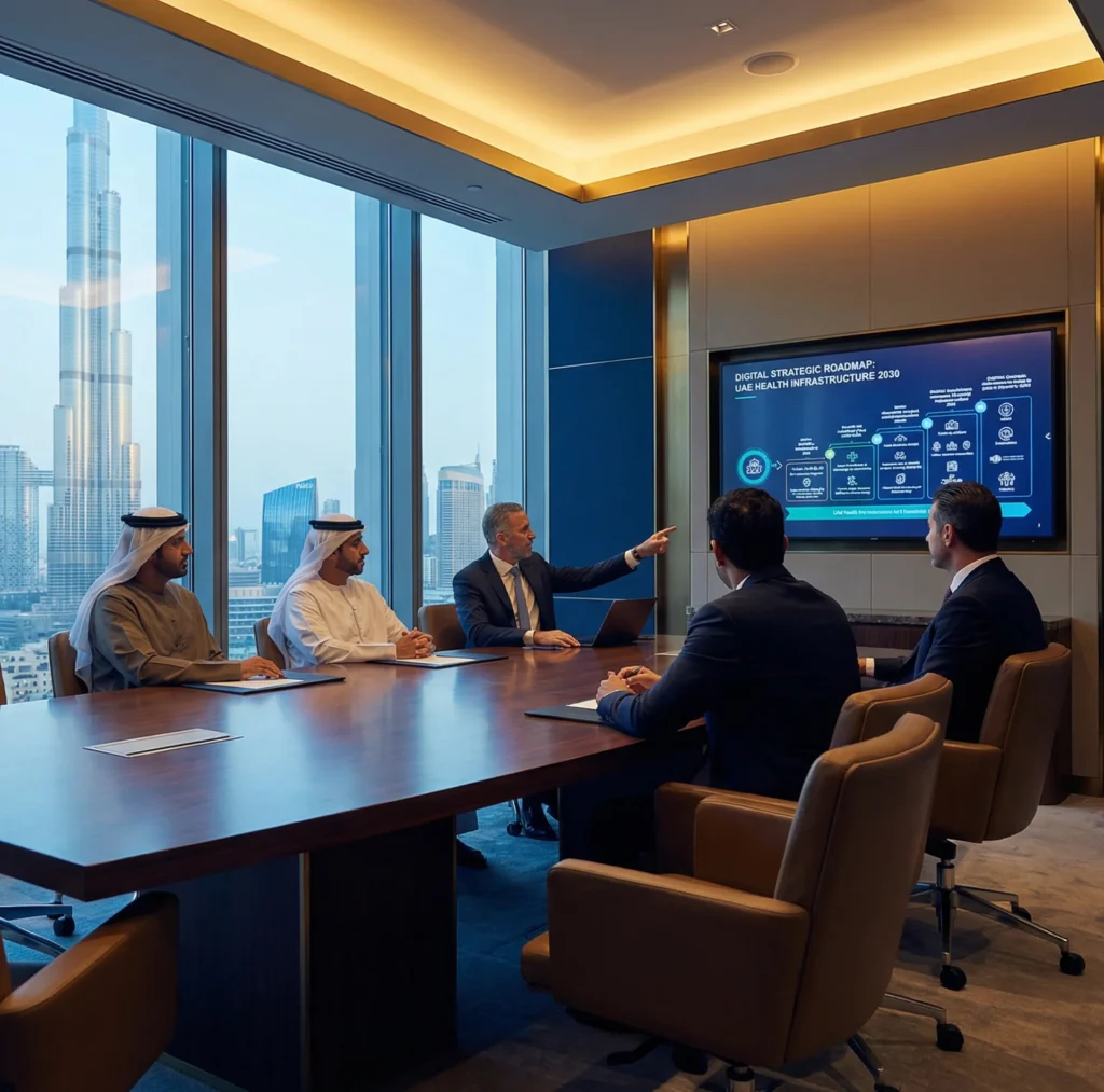 A group of professionals gathered around a conference table, discussing healthcare IT solutions with a large screen in view