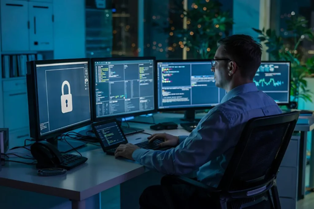 A man sits at a desk with three computer screens, focused on malware and threat monitoring tasks