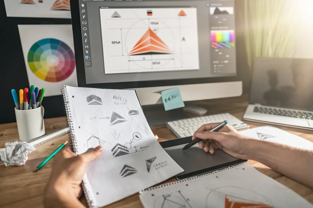 A person focused on a design project, creating logo concepts for "Successful Logo Designs"